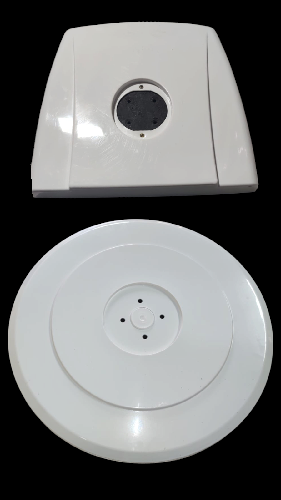 White moulded plastic equipment housings and base plates