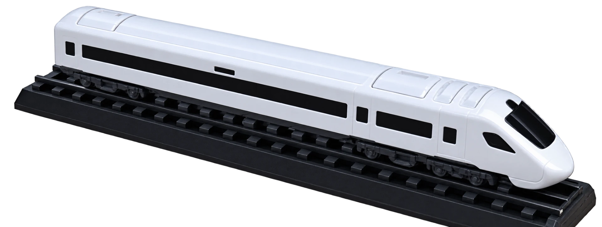 Precision moulded plastic high-speed train model on a display track