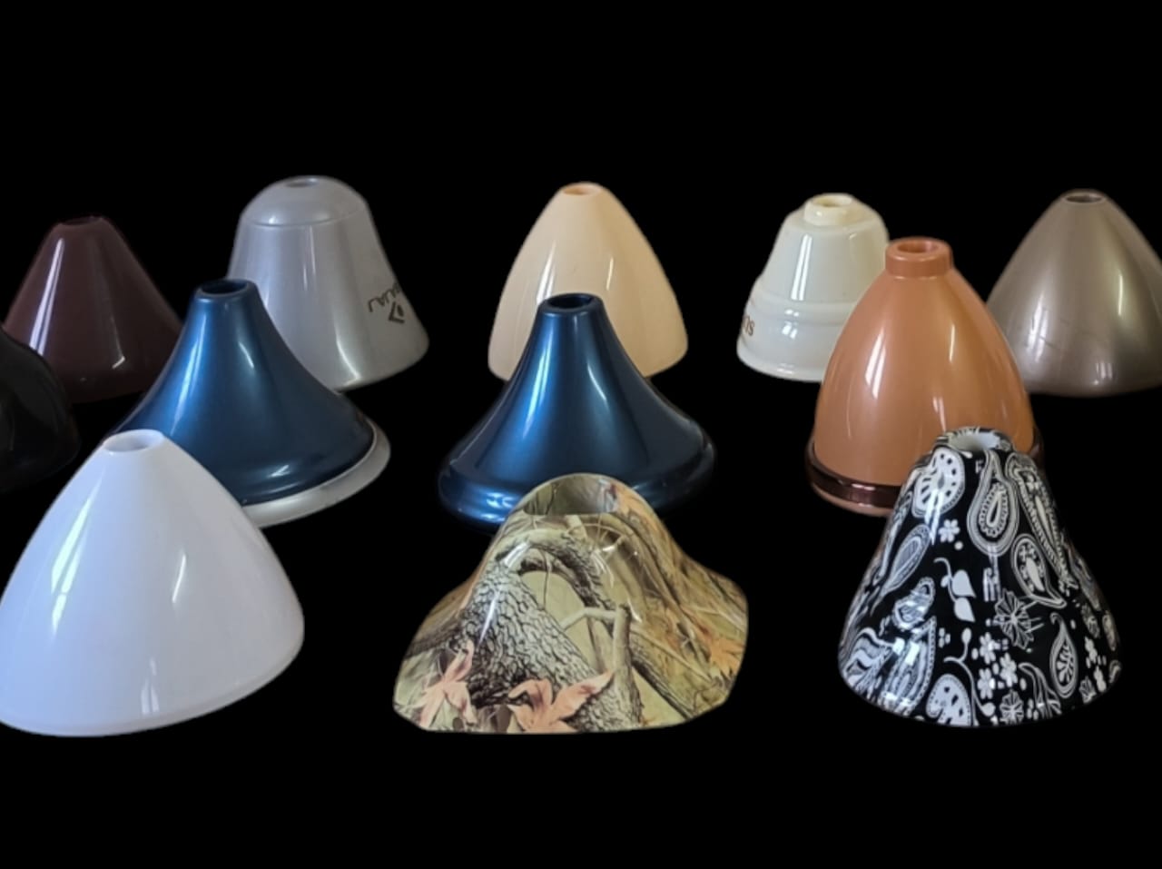 Collection of colourful moulded plastic cone components